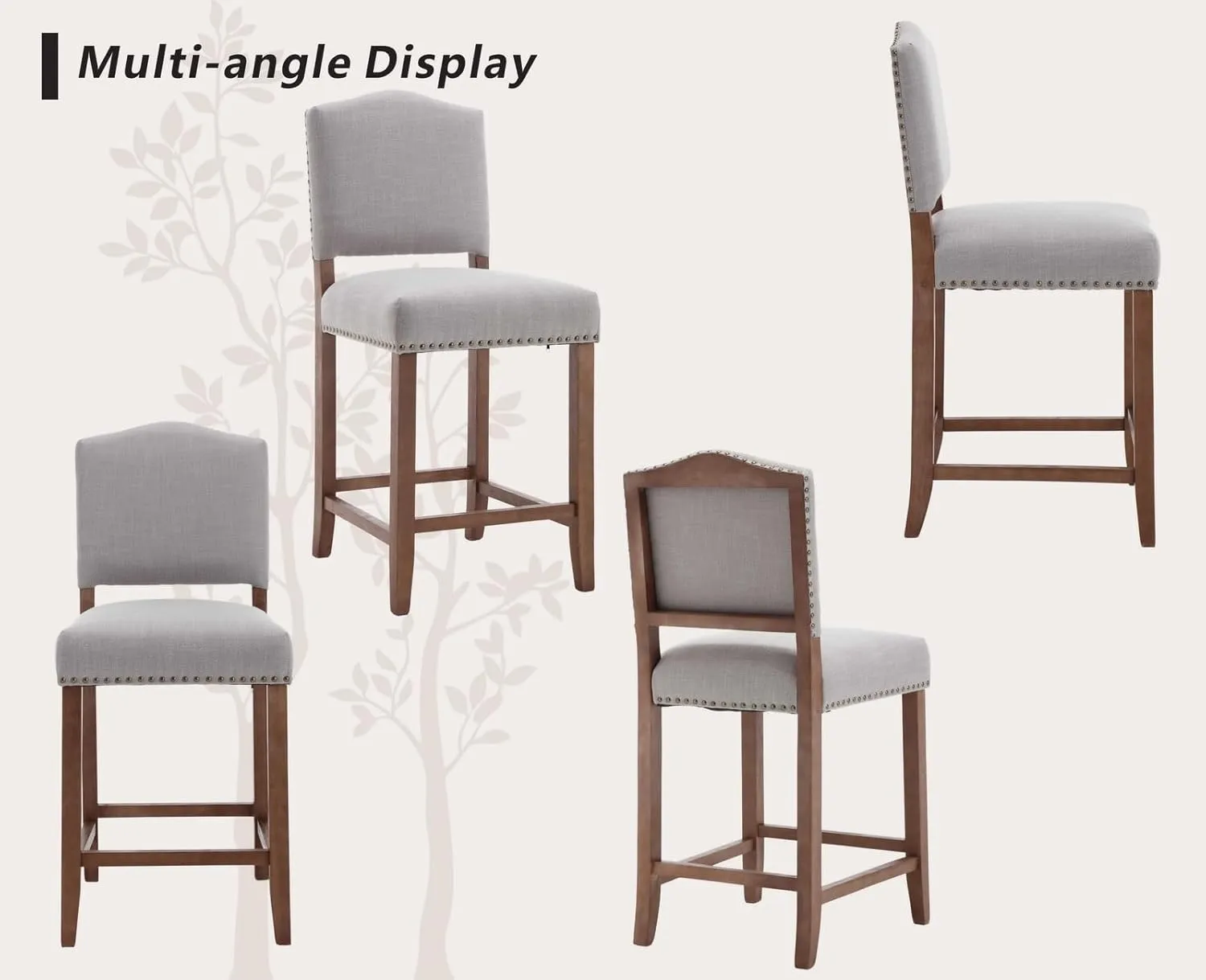 CIMOTA Counter Height Bar Stools Set of 2 Farmhouse Bar Chairs Mid Century Counter Stools Barstools with Back Kitchen Stools with Wood Legs for Island/Home Bar/Pub/Dining Room, Linen Grey, 26 Inch