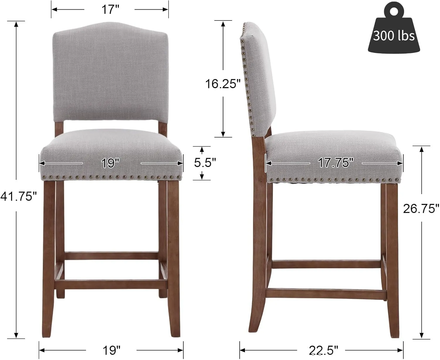 CIMOTA Counter Height Bar Stools Set of 2 Farmhouse Bar Chairs Mid Century Counter Stools Barstools with Back Kitchen Stools with Wood Legs for Island/Home Bar/Pub/Dining Room, Linen Grey, 26 Inch