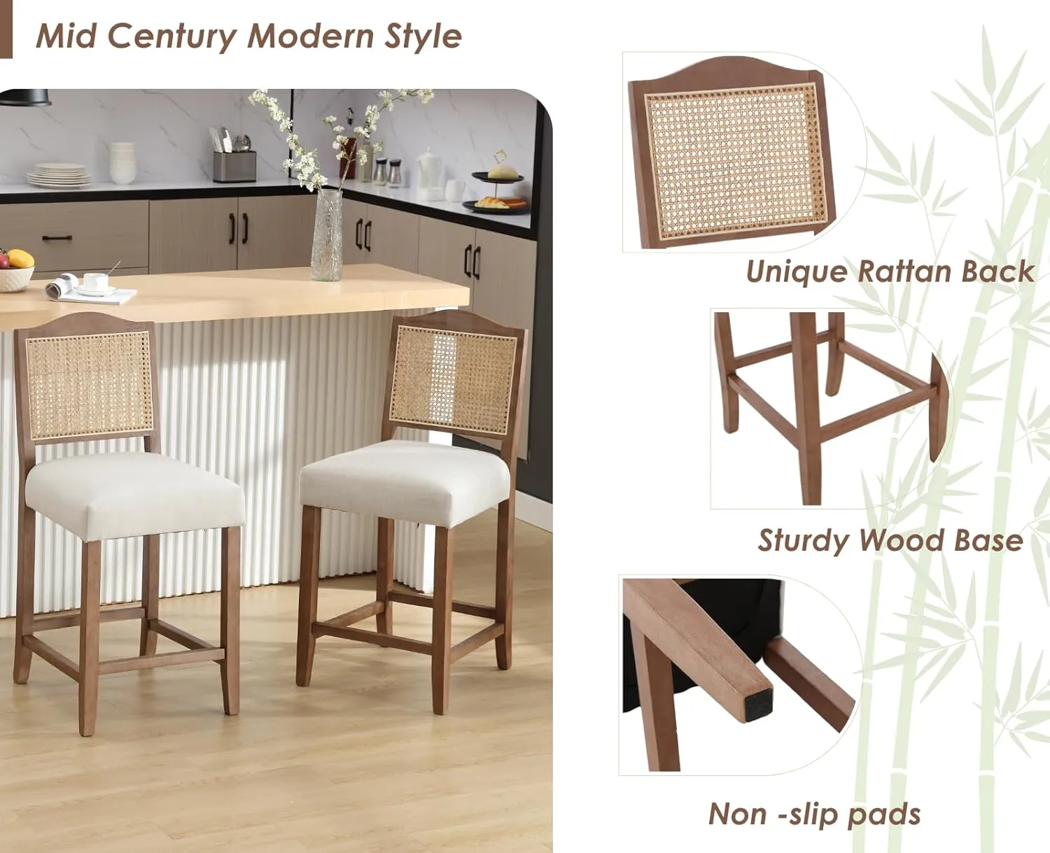 CIMOTA Counter Height Bar Stools Set of 2 Rattan Farmhouse Barstools Mid Century Modern Bar Chairs Upholstered Kitchen Stools with Wood Legs for Island/Dining Room, Linen Beige 26.5In