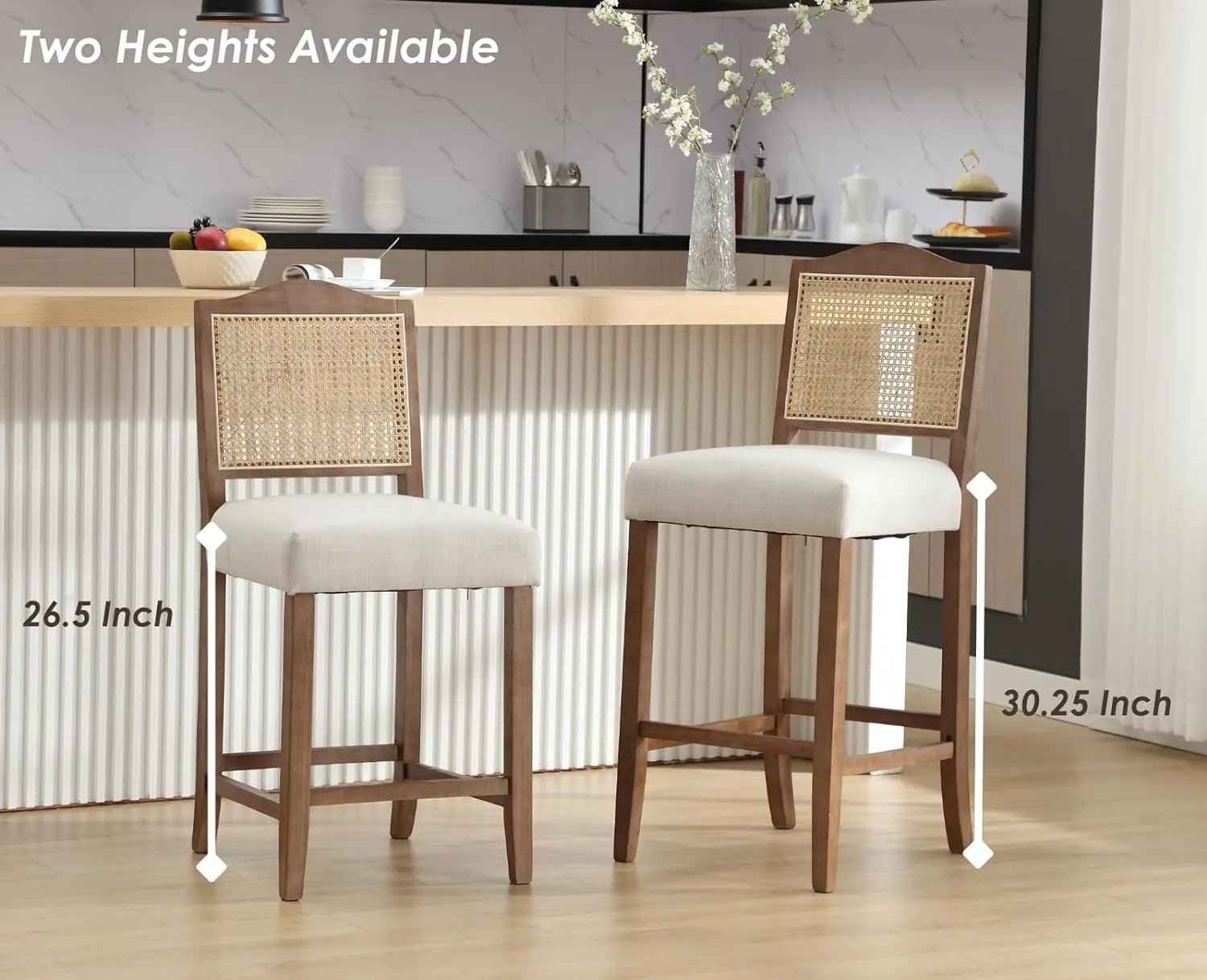 CIMOTA Counter Height Bar Stools Set of 2 Rattan Farmhouse Barstools Mid Century Modern Bar Chairs Upholstered Kitchen Stools with Wood Legs for Island/Dining Room, Linen Beige 26.5In