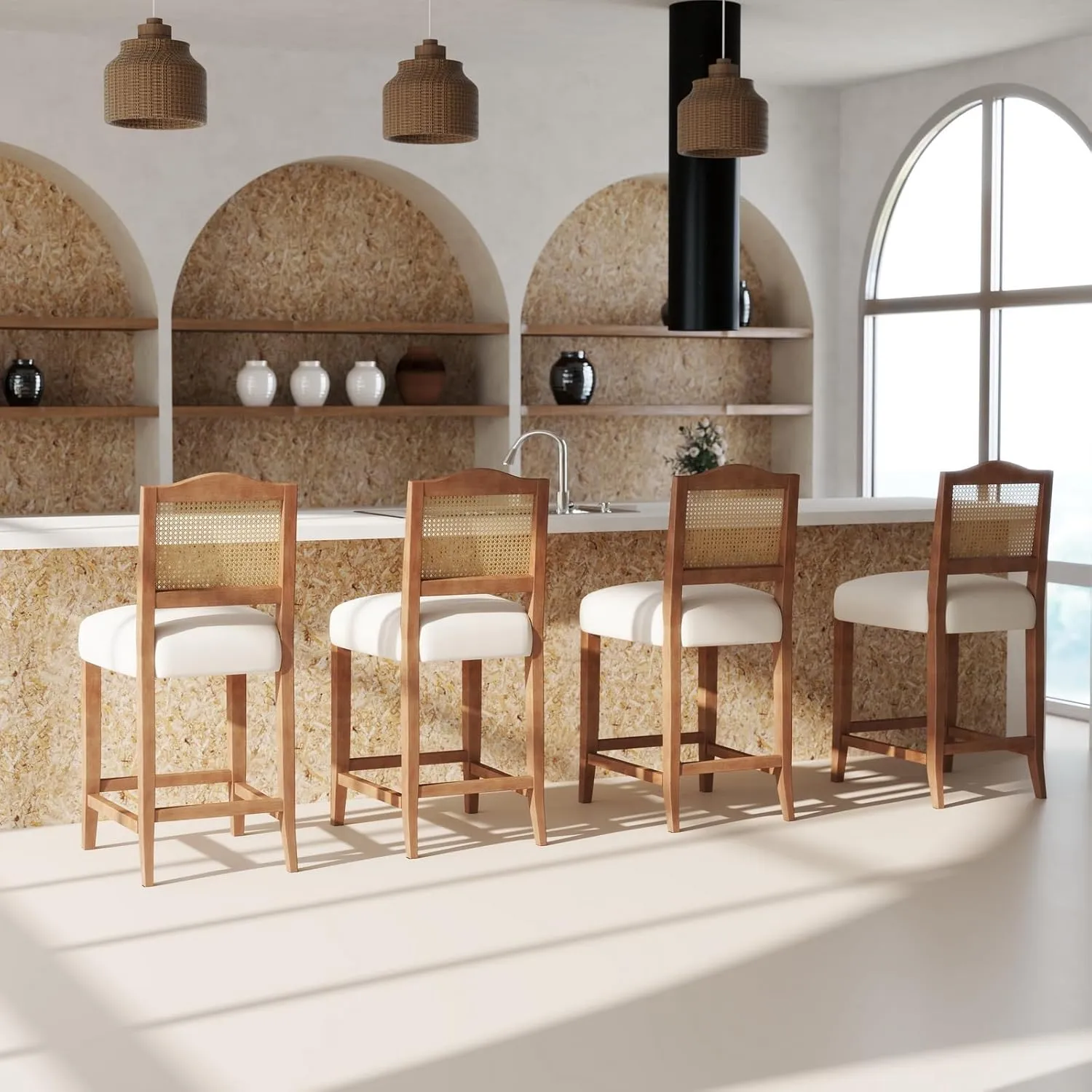 CIMOTA Counter Height Bar Stools Set of 2 Rattan Farmhouse Barstools Mid Century Modern Bar Chairs Upholstered Kitchen Stools with Wood Legs for Island/Dining Room, Linen Beige 26.5In