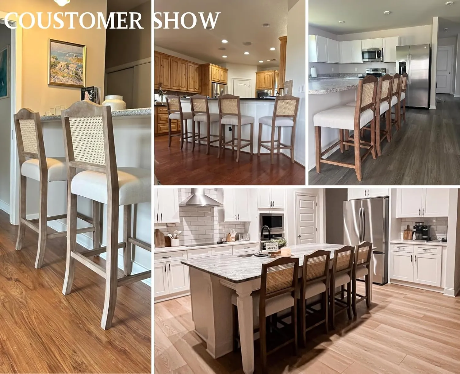 CIMOTA Counter Height Bar Stools Set of 2 Rattan Farmhouse Barstools Mid Century Modern Bar Chairs Upholstered Kitchen Stools with Wood Legs for Island/Dining Room, Linen Beige 26.5In