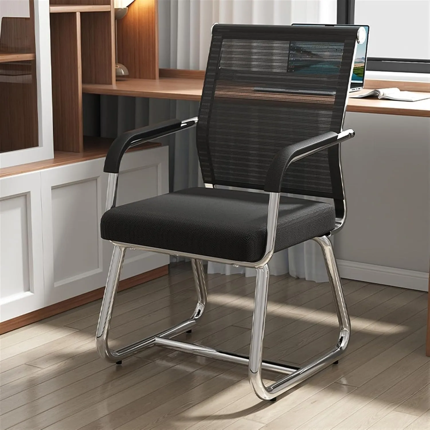 Classic Office Chair Comfortable Mesh Back Conference ChairChrome Plated Metal Base Home Office Study Chair Desk Task Chair(Black)