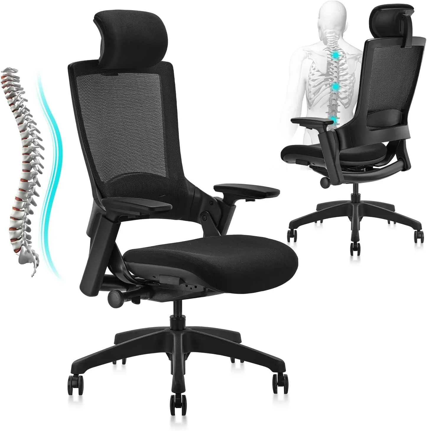 CLATINA Ergonomic High Swivel Executive Chair with Adjustable Height Head 3D Arm Rest Lumbar Support and Upholstered Back for Home Office Black Mesh 2 Pack