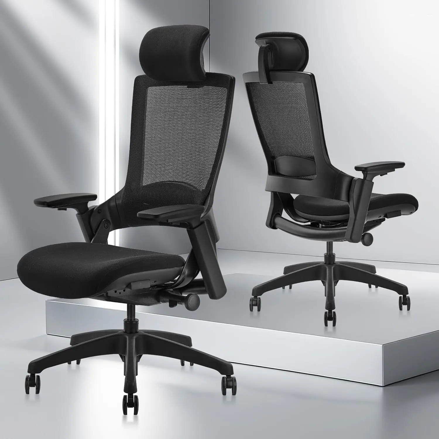 CLATINA Ergonomic High Swivel Executive Chair with Adjustable Height Head 3D Arm Rest Lumbar Support and Upholstered Back for Home Office Black Mesh 2 Pack
