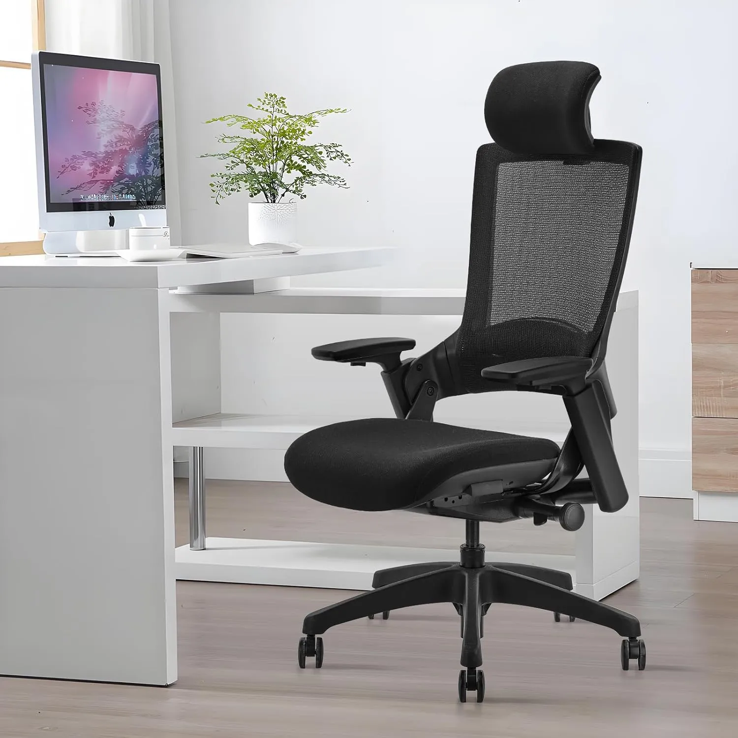 CLATINA Ergonomic High Swivel Executive Chair with Adjustable Height Head 3D Arm Rest Lumbar Support and Upholstered Back for Home Office Black Mesh 2 Pack