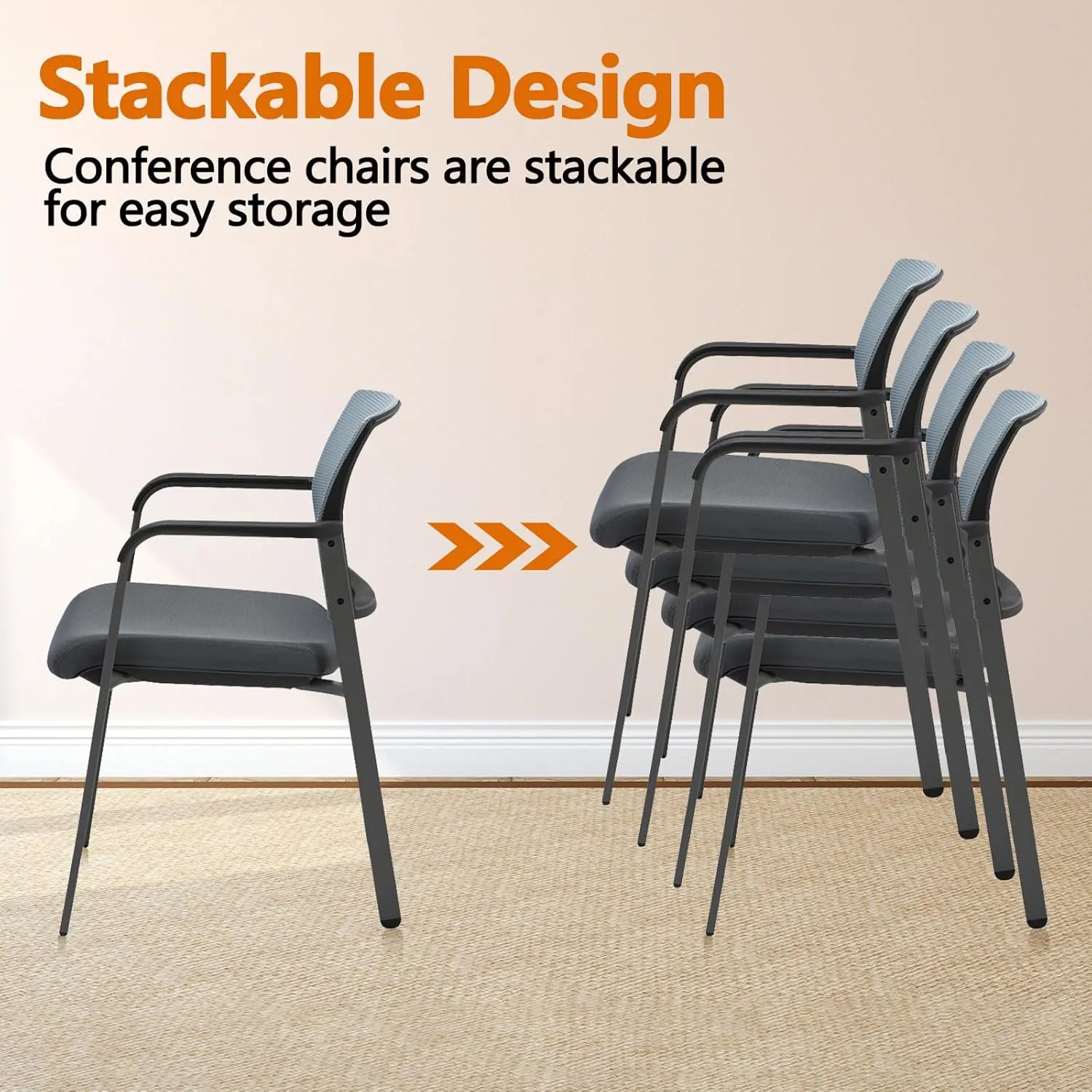 CLATINA Mesh Back Stacking Arm Chairs with Upholstered Fabric Seat and Ergonomic Lumbar Support for Office School Church Guest Reception Grey 2 Pack Set