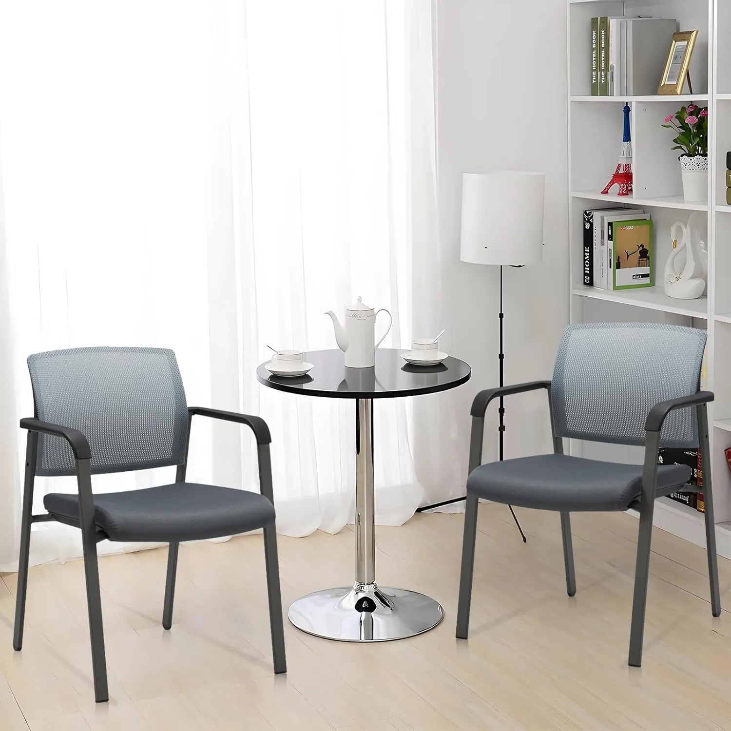 CLATINA Mesh Back Stacking Arm Chairs with Upholstered Fabric Seat and Ergonomic Lumbar Support for Office School Church Guest Reception Grey 2 Pack Set