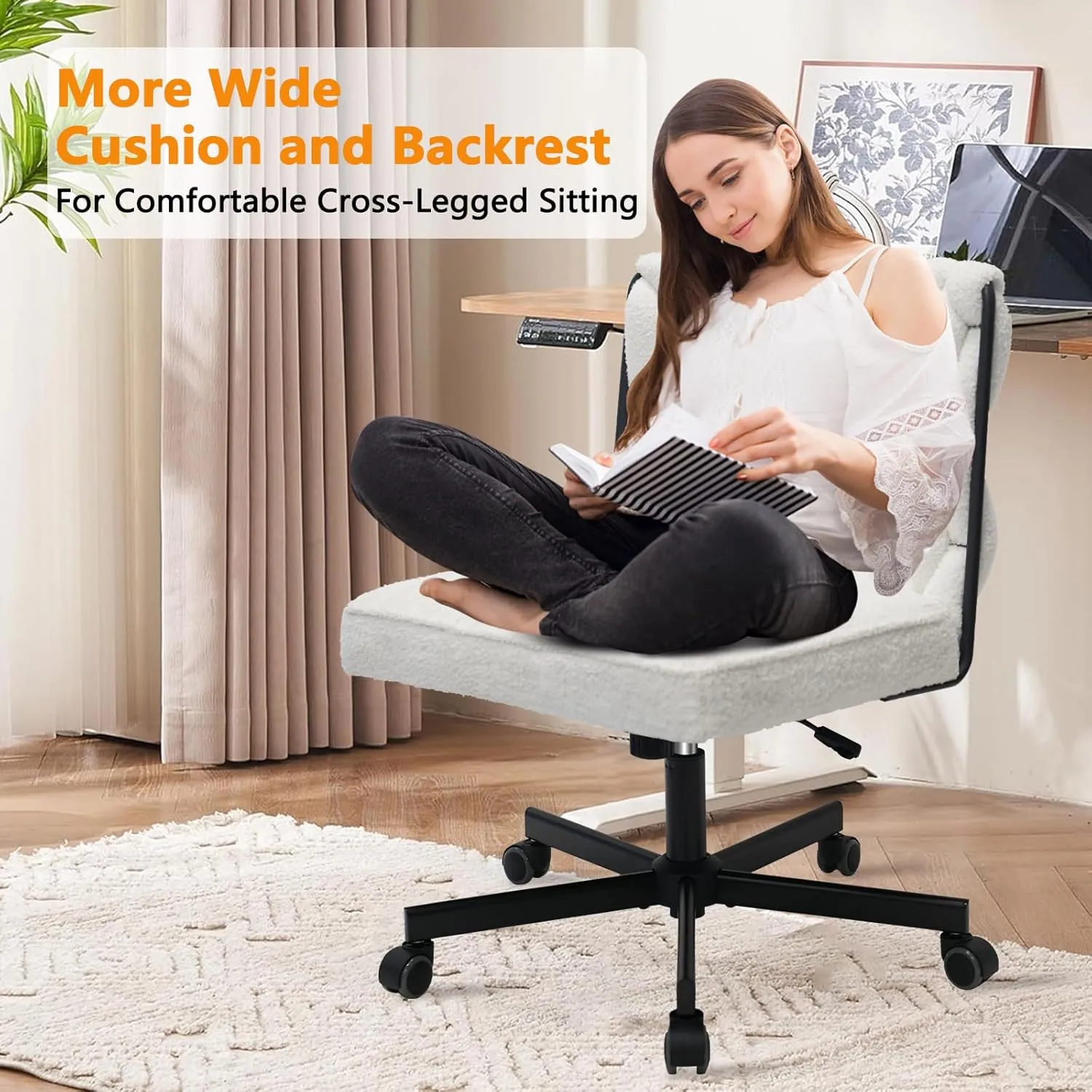 CLATINA Modern Armless Criss Cross Chair - Extra Wide Seat, Big and Tall 500LBS Heavy Duty Fabric Cross Legged Vanity Chair with Wheels, Oversize Computer Task Chair for Home Office Bedroom, White