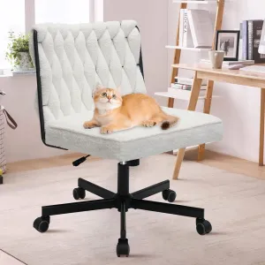 CLATINA Modern Armless Criss Cross Chair - Extra Wide Seat, Big and Tall 500LBS Heavy Duty Fabric Cross Legged Vanity Chair with Wheels, Oversize Computer Task Chair for Home Office Bedroom, White