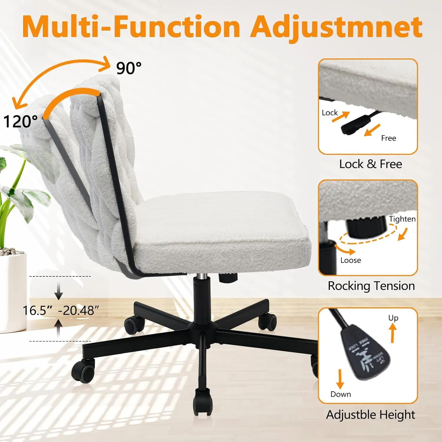 CLATINA Modern Armless Criss Cross Chair - Extra Wide Seat, Big and Tall 500LBS Heavy Duty Fabric Cross Legged Vanity Chair with Wheels, Oversize Computer Task Chair for Home Office Bedroom, White