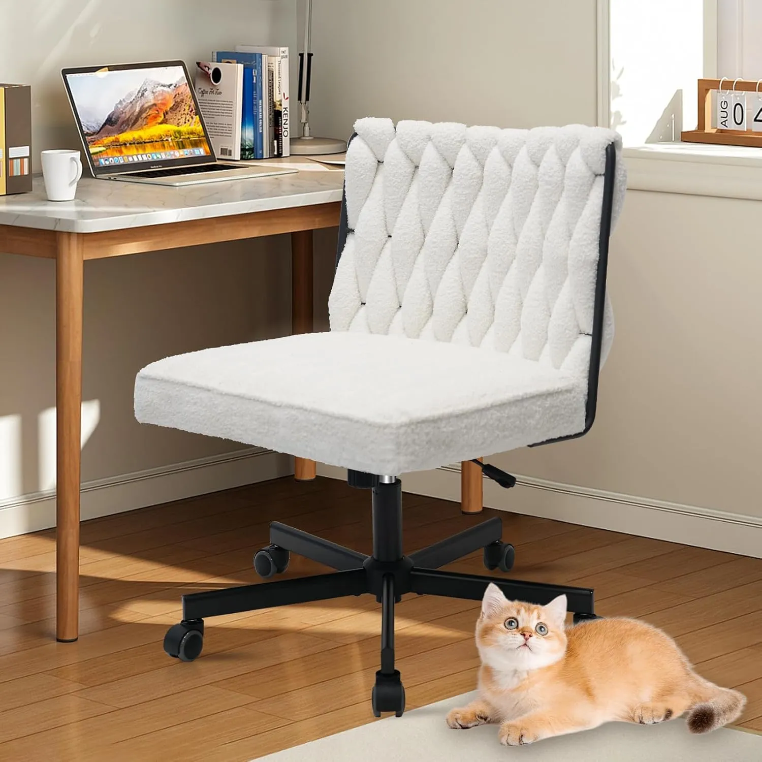 CLATINA Modern Armless Criss Cross Chair - Extra Wide Seat, Big and Tall 500LBS Heavy Duty Fabric Cross Legged Vanity Chair with Wheels, Oversize Computer Task Chair for Home Office Bedroom, White