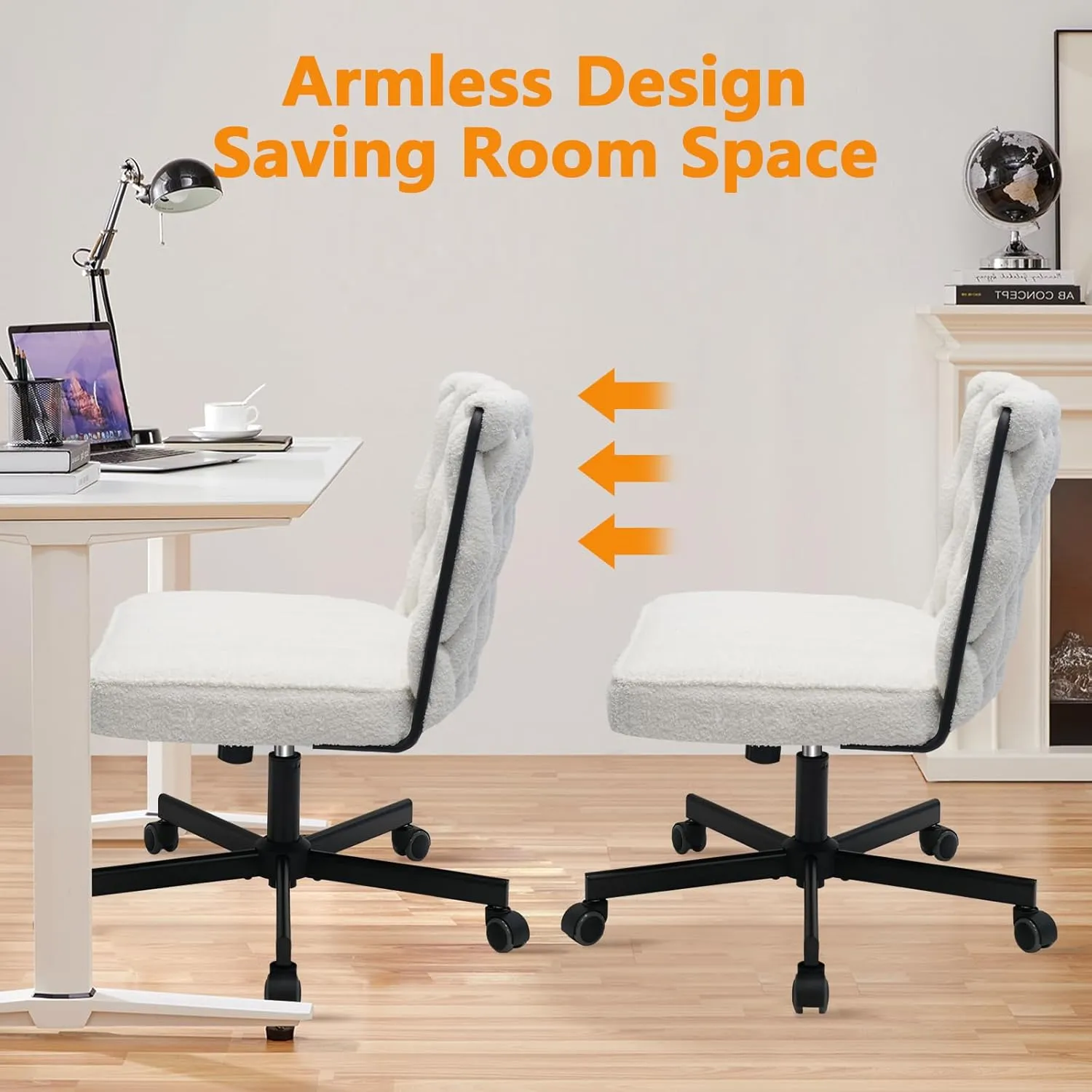 CLATINA Modern Armless Criss Cross Chair - Extra Wide Seat, Big and Tall 500LBS Heavy Duty Fabric Cross Legged Vanity Chair with Wheels, Oversize Computer Task Chair for Home Office Bedroom, White