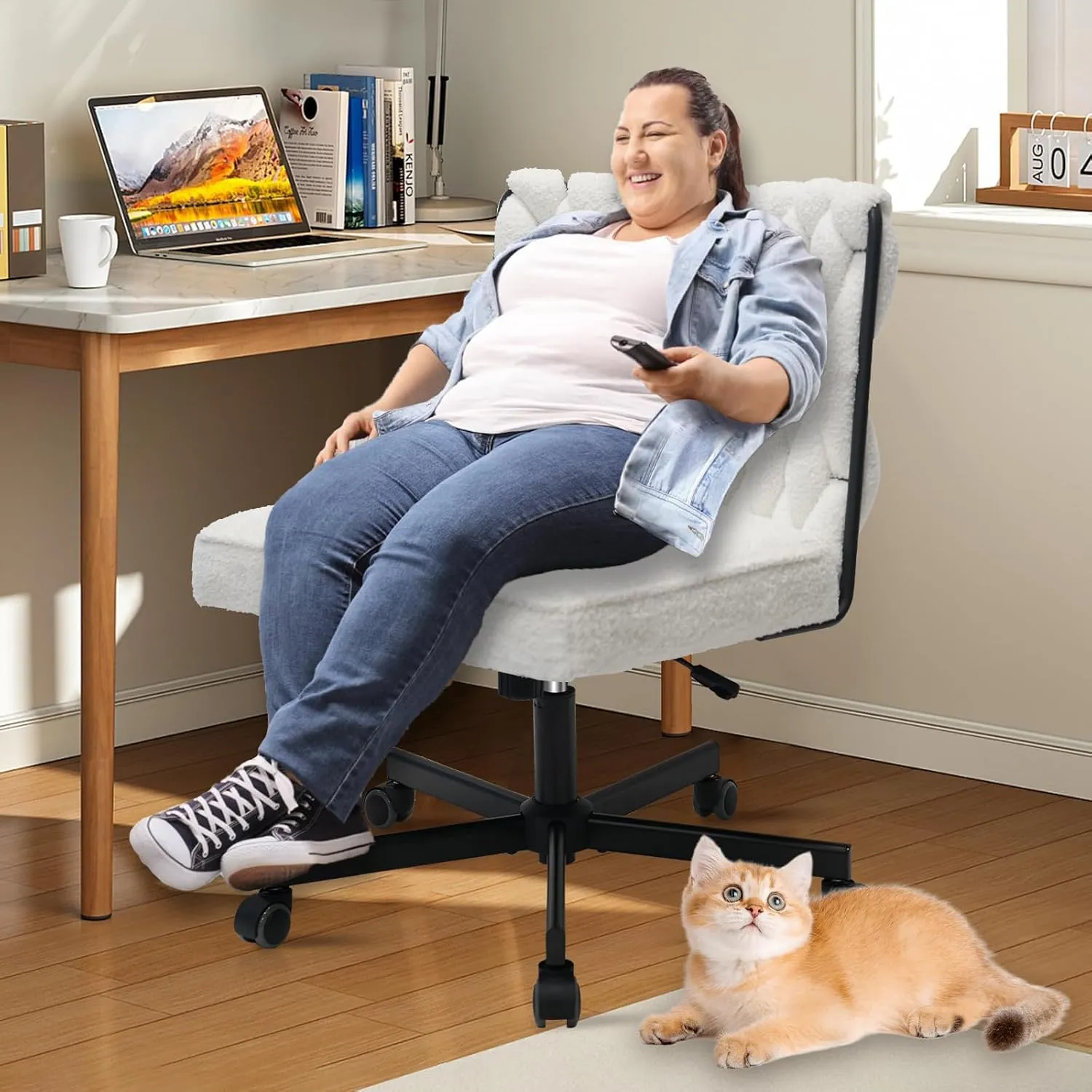 CLATINA Modern Armless Criss Cross Chair - Extra Wide Seat, Big and Tall 500LBS Heavy Duty Fabric Cross Legged Vanity Chair with Wheels, Oversize Computer Task Chair for Home Office Bedroom, White