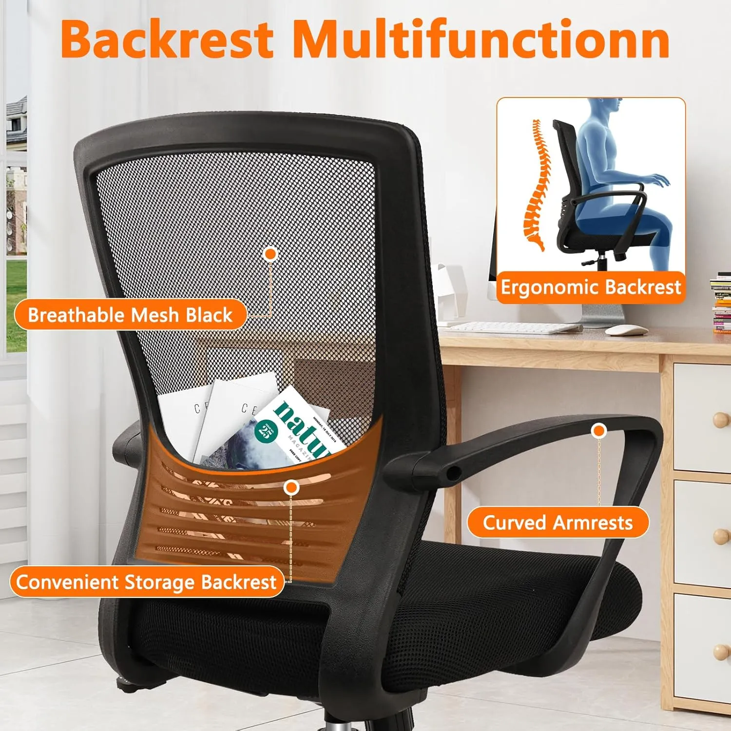 CLATINA Office Chair Ergonomic Rolling Computer Desk Chair with Lumbar Support, Mesh Swivel Executive Chairs with Armrest Wheels for Home Conference Room, Black 4 Pack