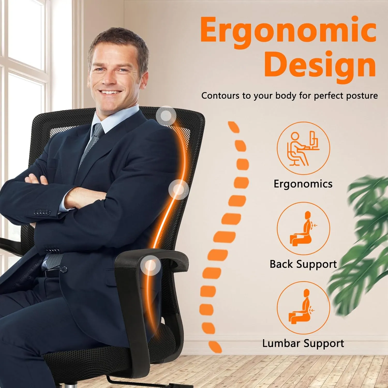 CLATINA Office Chair Ergonomic Rolling Computer Desk Chair with Lumbar Support, Mesh Swivel Executive Chairs with Armrest Wheels for Home Conference Room, Black 4 Pack