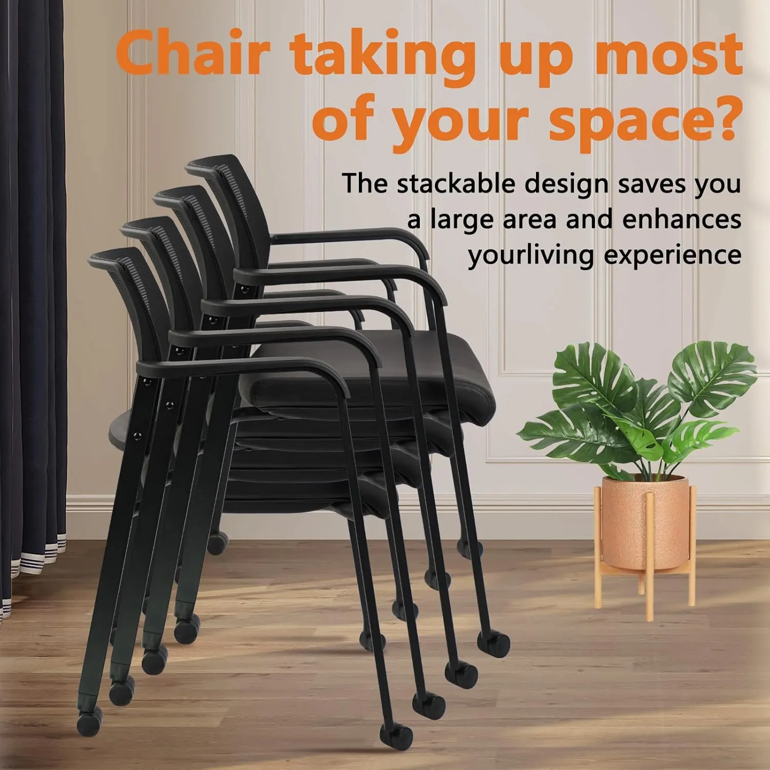 CLATINA Stacking Office Chair with Wheels, Mesh Back Waiting Room Guest Chairs with Arms Comfortable Leather Cushion Stackable Desk Chair for Conference Reception School Side Stationary, Black, 2PK