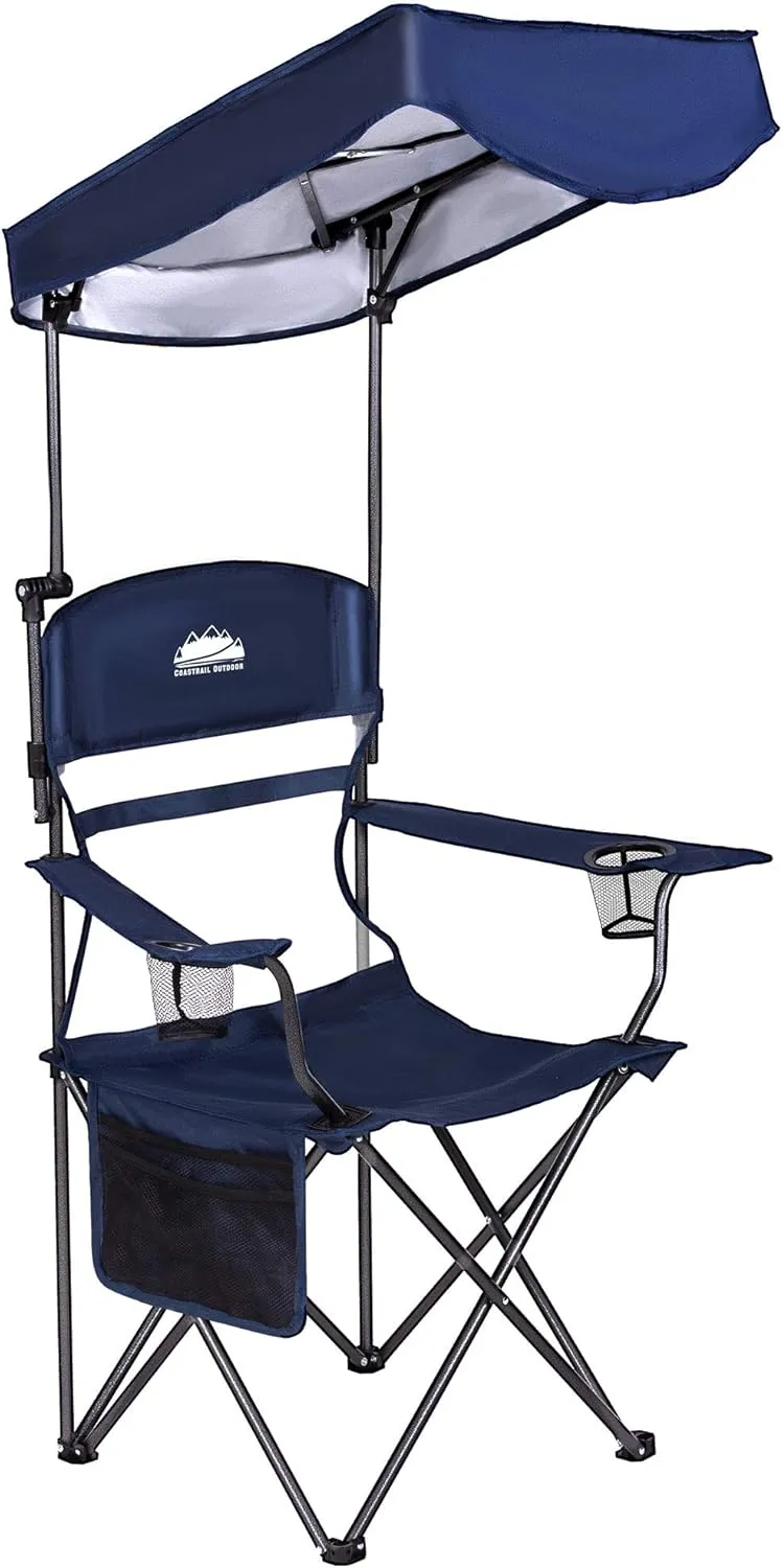 Coastrail Outdoor Sun Shade Folding Camp Chair with Multi-Position Adjustable Canopy SPF 50  Sun Protection, Portable Design for Sports, Camping, Patio, Navy&Gray