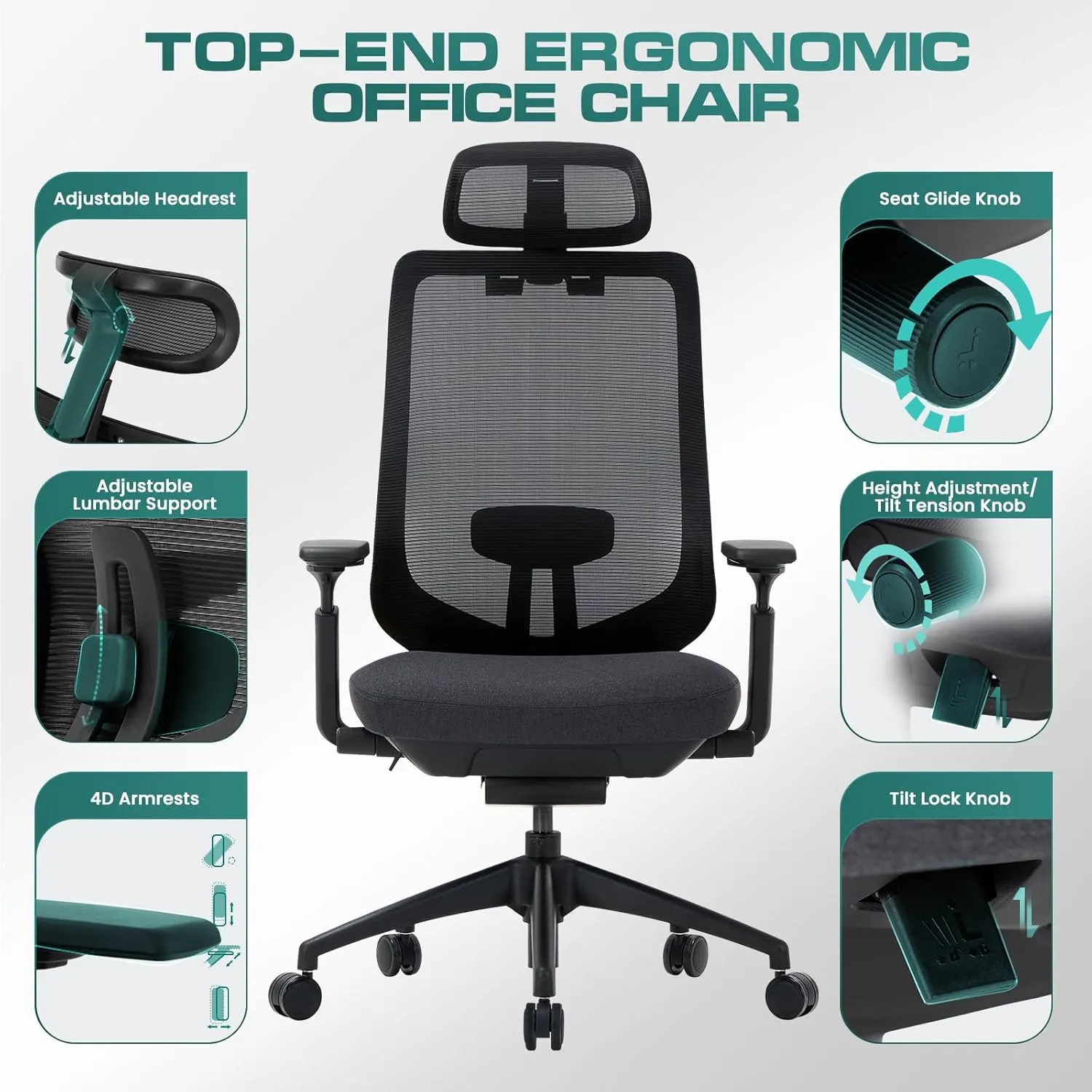 COLAMY Ergonomic Office Chair, Mesh Office Chair, High Back Office Chair, Computer Executive Desk Chair Lumbar Support with Adjustable Headrest and 4D Arms, Slide Seat, Tilt Lock-Black