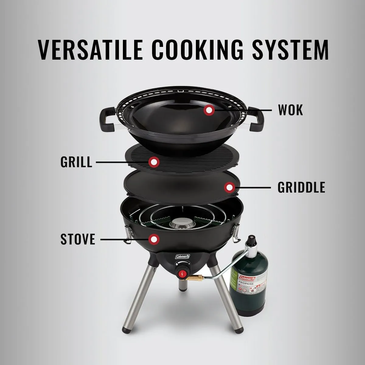 Coleman 4-in-1 Portable Propane Camping Stove Includes Stove Wok Griddle & Grill; Camping Grill with Instastart Ignition Grease Tray & 7000 BTUs of Power for Tailgating Grilling