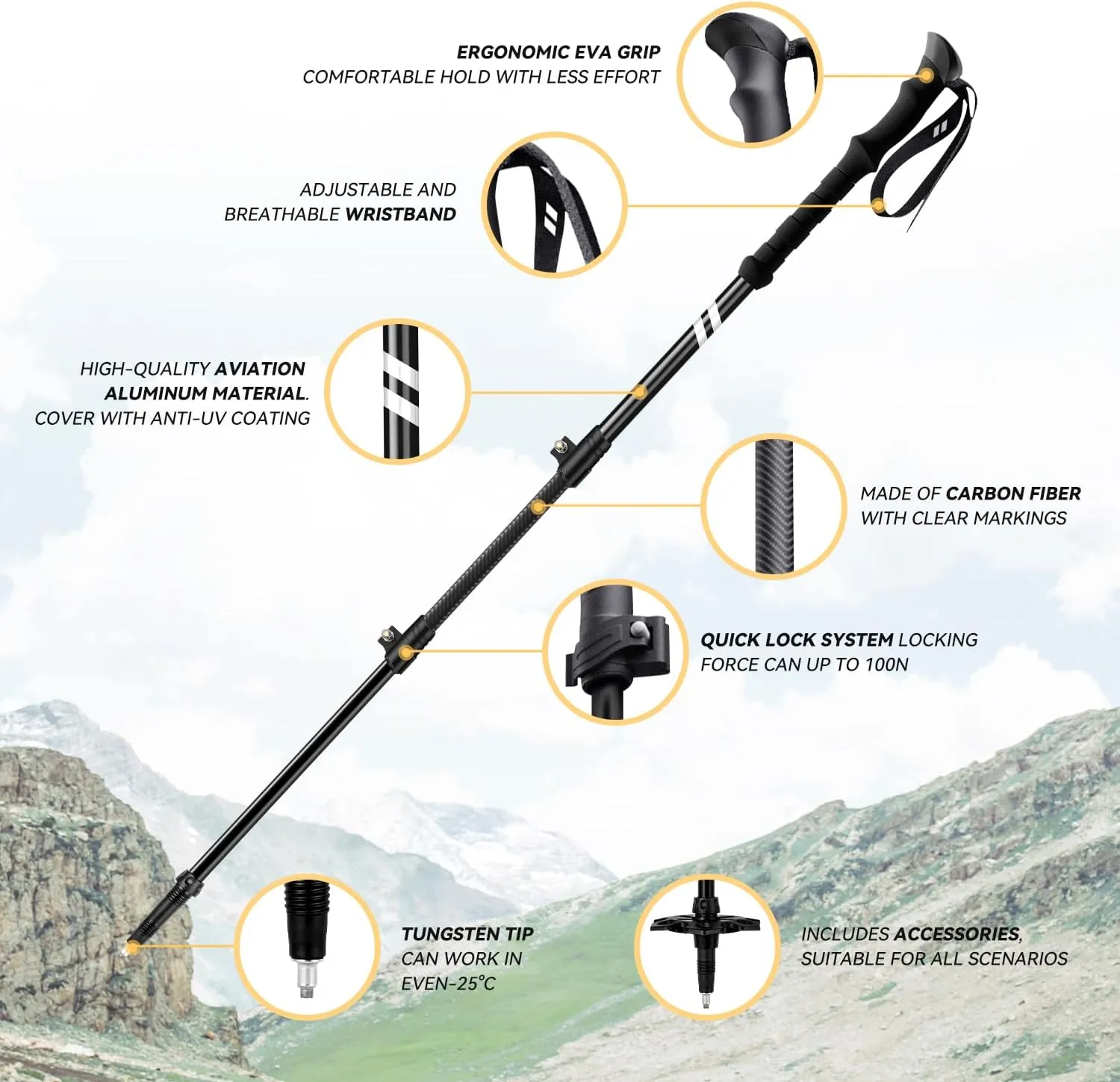 Collapsible Hiking Poles,1 Pair (2 Poles) Lightweight Aluminum Adjustable Walking Poles,Carbon Fiber Trekking Poles with Flip Lock and EVA Grips Suitable for All Kinds of Travel