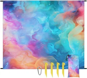 Colorful Art Beach Blanket, Sandproof Beach Mat, 68 x 59 Waterproof Quick Drying Sand Free Mat with 4 x Ground Spikes for Outdoor Travel Camping Hiking, Rainbow