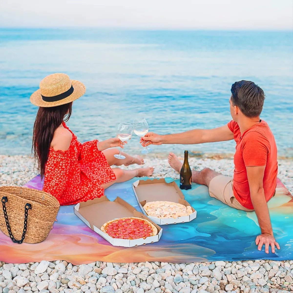 Colorful Art Beach Blanket, Sandproof Beach Mat, 68 x 59 Waterproof Quick Drying Sand Free Mat with 4 x Ground Spikes for Outdoor Travel Camping Hiking, Rainbow