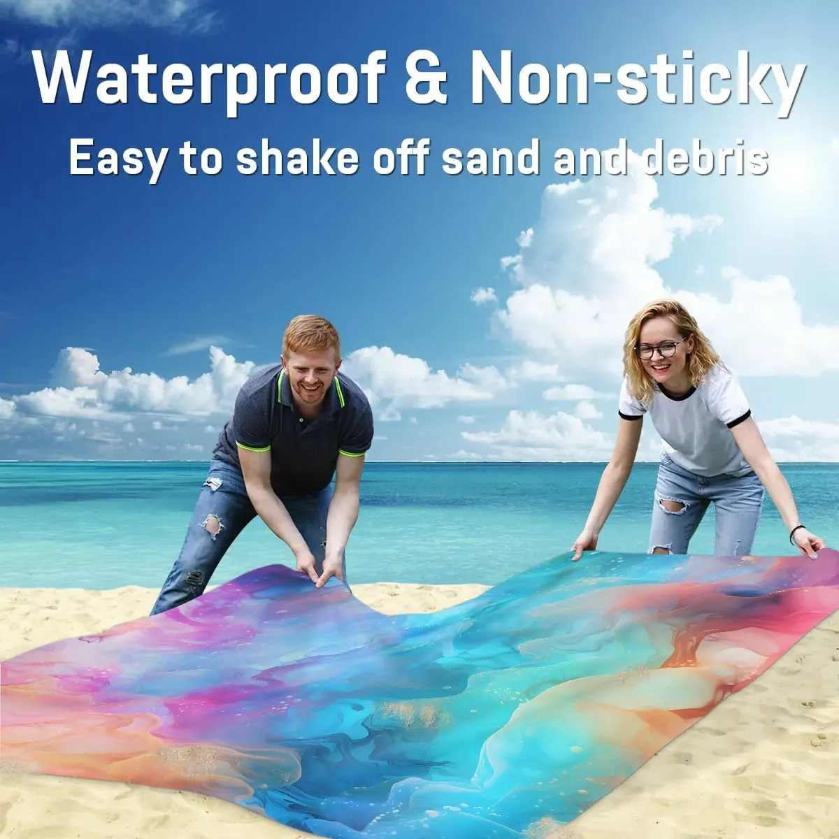 Colorful Art Beach Blanket, Sandproof Beach Mat, 68 x 59 Waterproof Quick Drying Sand Free Mat with 4 x Ground Spikes for Outdoor Travel Camping Hiking, Rainbow