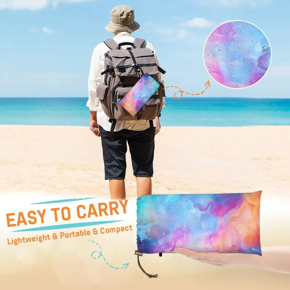 Colorful Art Beach Blanket, Sandproof Beach Mat, 68 x 59 Waterproof Quick Drying Sand Free Mat with 4 x Ground Spikes for Outdoor Travel Camping Hiking, Rainbow
