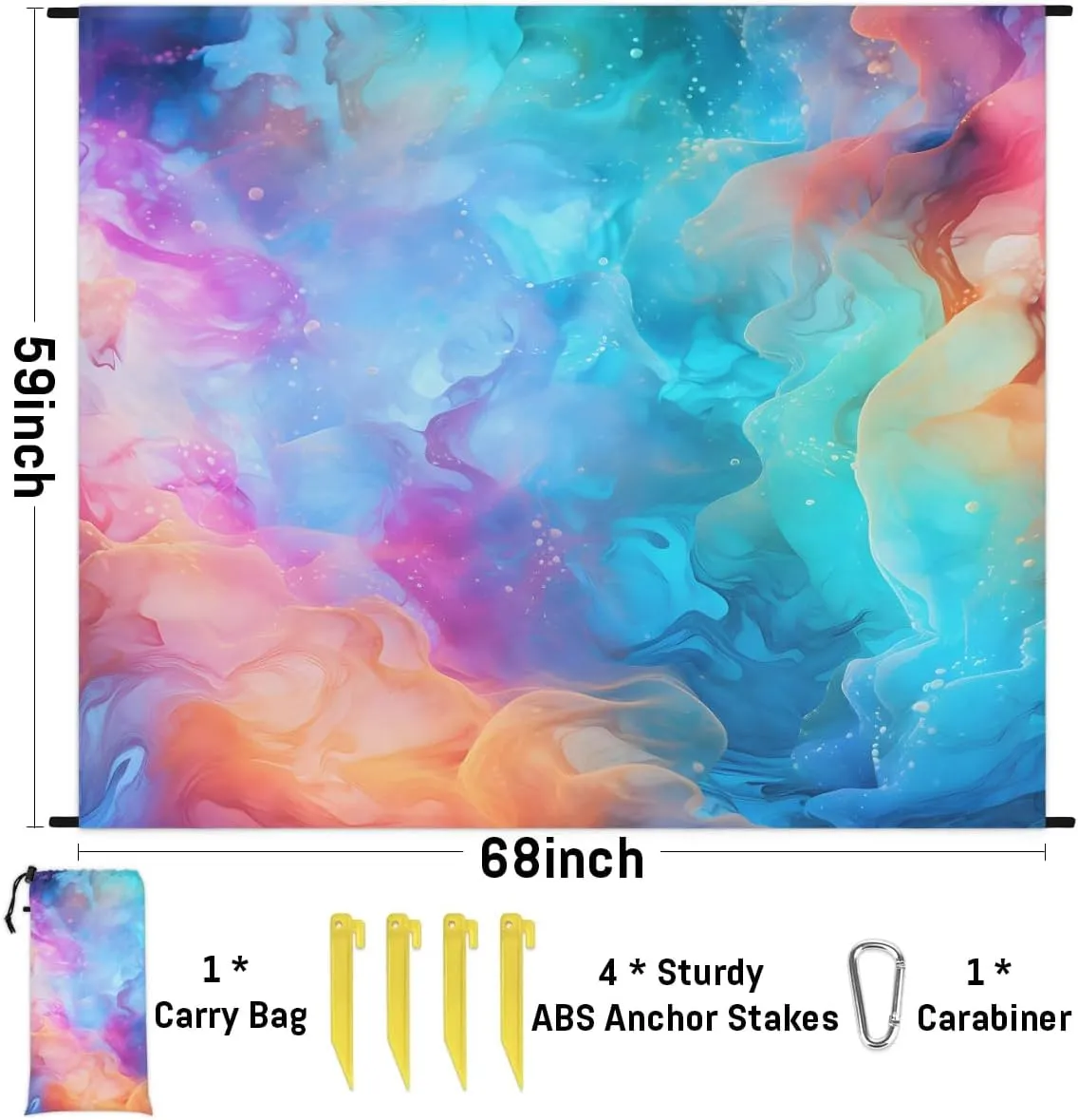 Colorful Art Beach Blanket, Sandproof Beach Mat, 68 x 59 Waterproof Quick Drying Sand Free Mat with 4 x Ground Spikes for Outdoor Travel Camping Hiking, Rainbow
