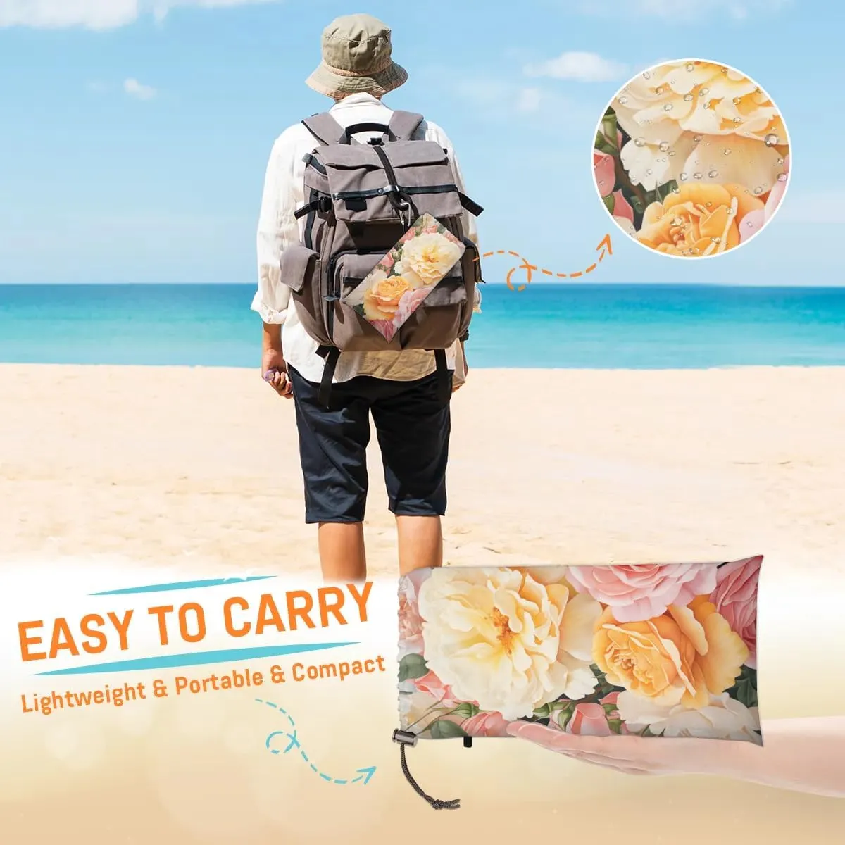 Colorful Roses Beach Blanket, Sandproof Beach Mat, 68 x 59 Waterproof Quick Drying Sand Free Mat with 4 x Ground Spikes for Outdoor Travel Camping Hiking, Watercolor Rose