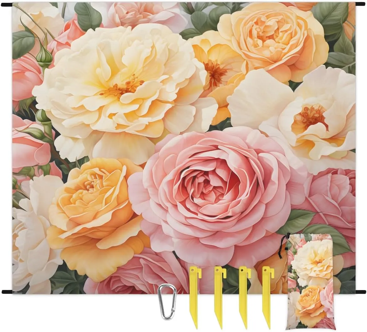 Colorful Roses Beach Blanket, Sandproof Beach Mat, 68 x 59 Waterproof Quick Drying Sand Free Mat with 4 x Ground Spikes for Outdoor Travel Camping Hiking, Watercolor Rose
