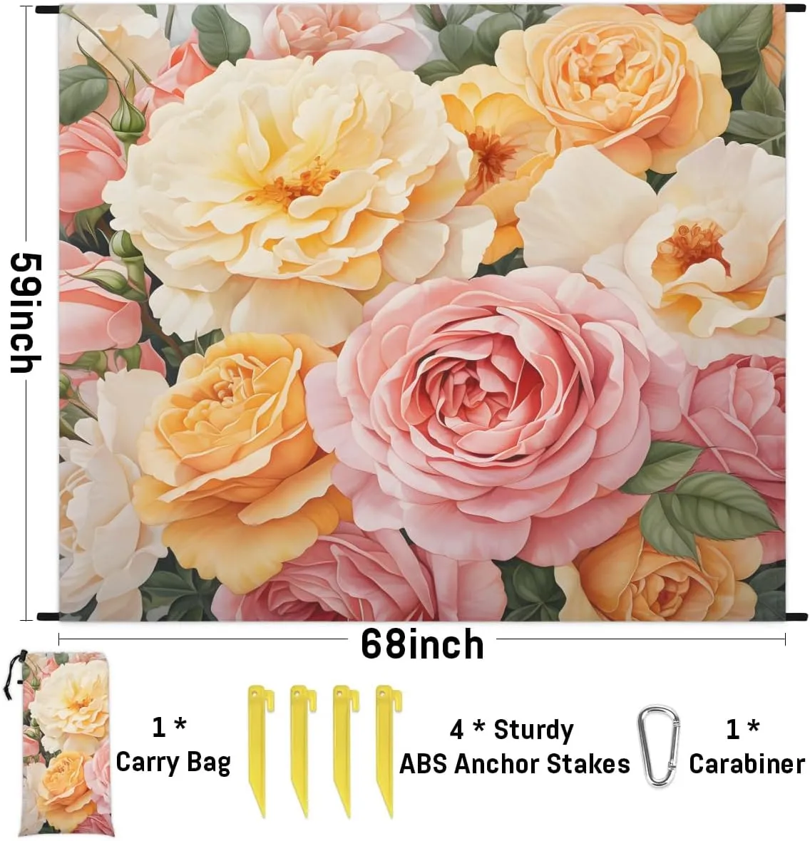 Colorful Roses Beach Blanket, Sandproof Beach Mat, 68 x 59 Waterproof Quick Drying Sand Free Mat with 4 x Ground Spikes for Outdoor Travel Camping Hiking, Watercolor Rose