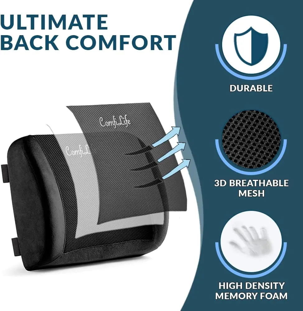 ComfiLife Lumbar Support Back Pillow Office Chair and Car Seat Cushion - Memory Foam with Adjustable Strap and Breathable 3D Mesh (Black)