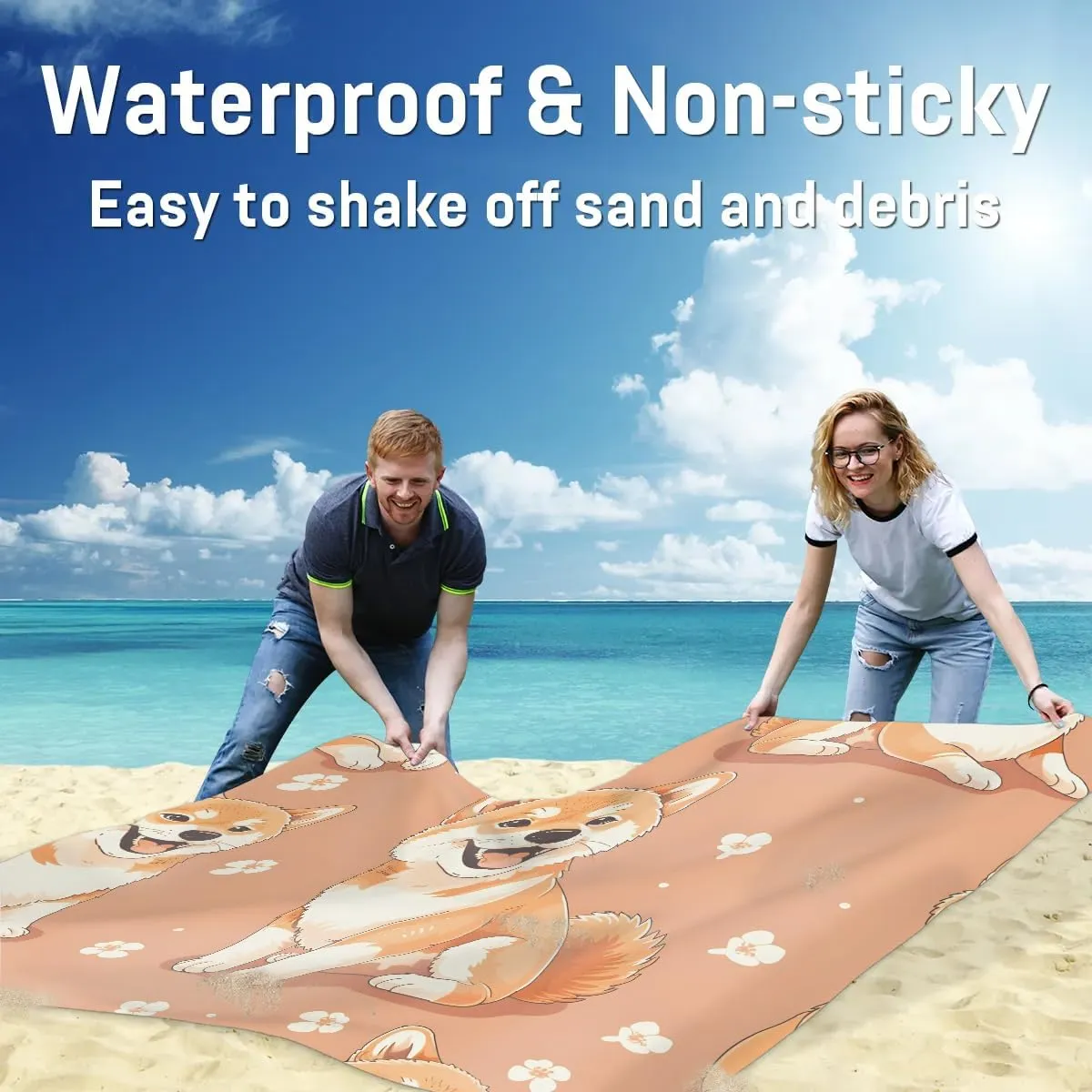 Corgi Dog Beach Blanket, Sandproof Beach Mat, 68 x 59 Waterproof Quick Drying Sand Free Mat with 4 x Ground Spikes for Outdoor Travel Camping Hiking, Funny Dog