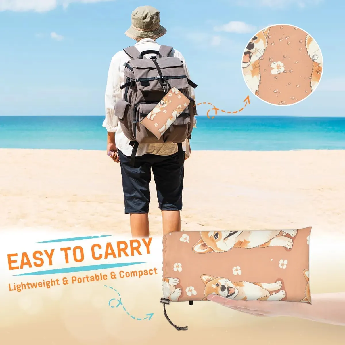 Corgi Dog Beach Blanket, Sandproof Beach Mat, 68 x 59 Waterproof Quick Drying Sand Free Mat with 4 x Ground Spikes for Outdoor Travel Camping Hiking, Funny Dog