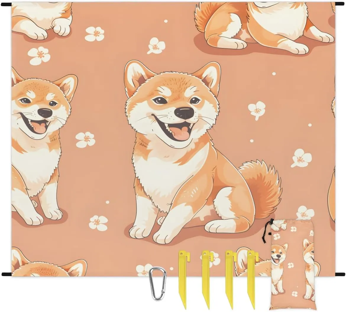Corgi Dog Beach Blanket, Sandproof Beach Mat, 68 x 59 Waterproof Quick Drying Sand Free Mat with 4 x Ground Spikes for Outdoor Travel Camping Hiking, Funny Dog