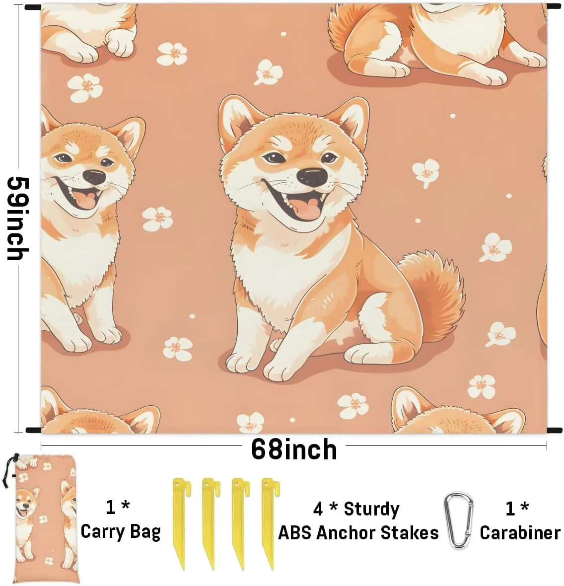 Corgi Dog Beach Blanket, Sandproof Beach Mat, 68 x 59 Waterproof Quick Drying Sand Free Mat with 4 x Ground Spikes for Outdoor Travel Camping Hiking, Funny Dog