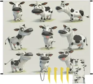 Cow Beach Blanket, Sandproof Beach Mat, Adults Waterproof Quick Drying Sand Free Mat with 4 x Ground Spikes for Outdoor Travel Camping Hiking, Farm Animal Cow