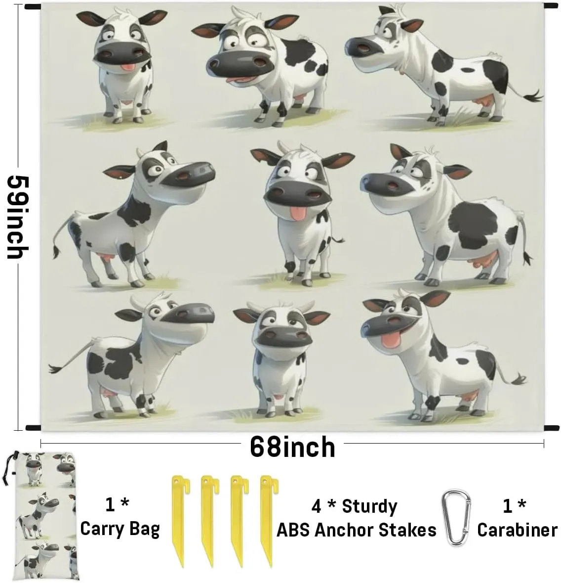 Cow Beach Blanket, Sandproof Beach Mat, Adults Waterproof Quick Drying Sand Free Mat with 4 x Ground Spikes for Outdoor Travel Camping Hiking, Farm Animal Cow