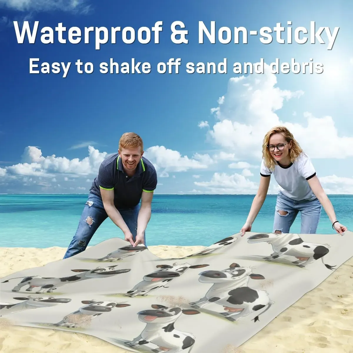 Cow Beach Blanket, Sandproof Beach Mat, Adults Waterproof Quick Drying Sand Free Mat with 4 x Ground Spikes for Outdoor Travel Camping Hiking, Farm Animal Cow