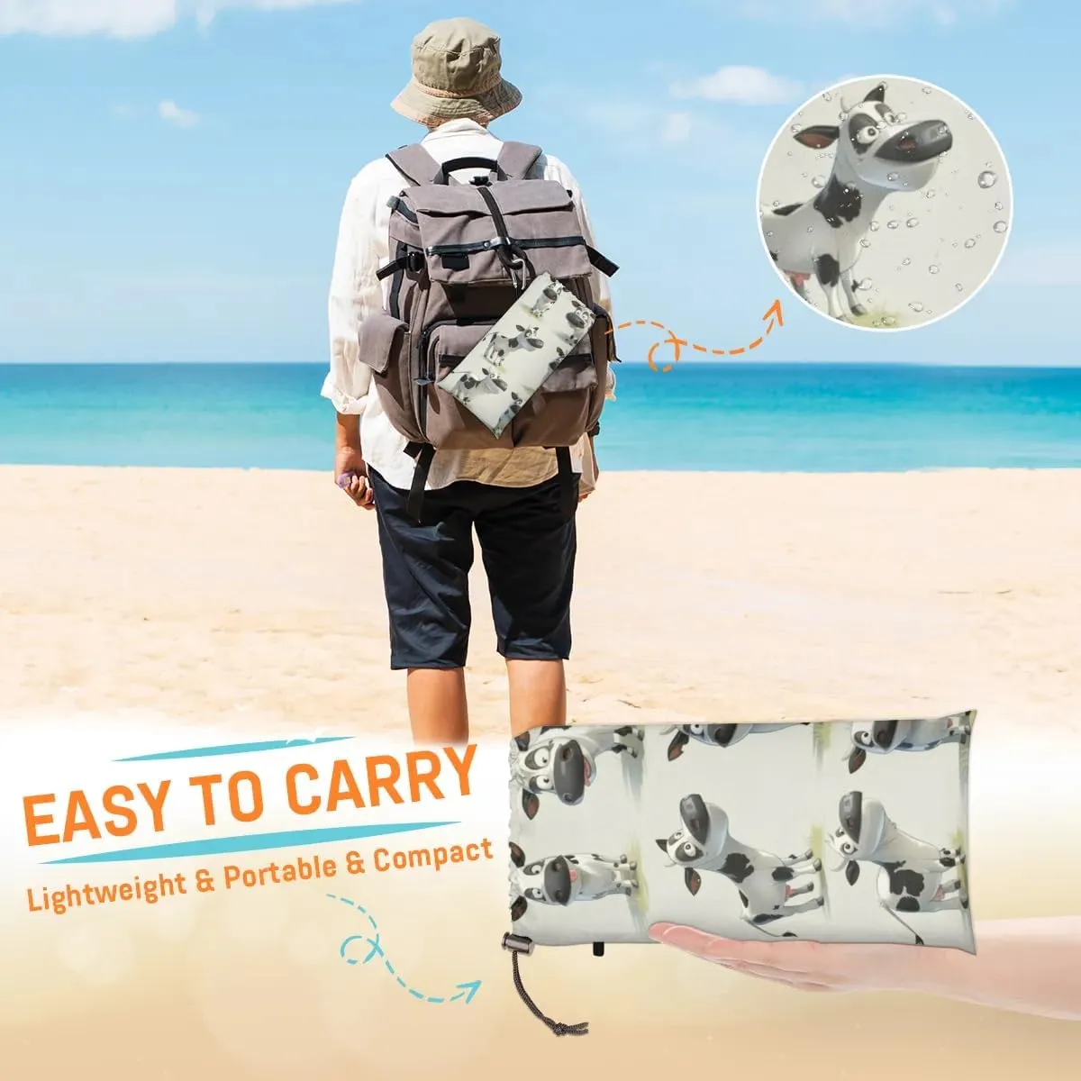 Cow Beach Blanket, Sandproof Beach Mat, Adults Waterproof Quick Drying Sand Free Mat with 4 x Ground Spikes for Outdoor Travel Camping Hiking, Farm Animal Cow
