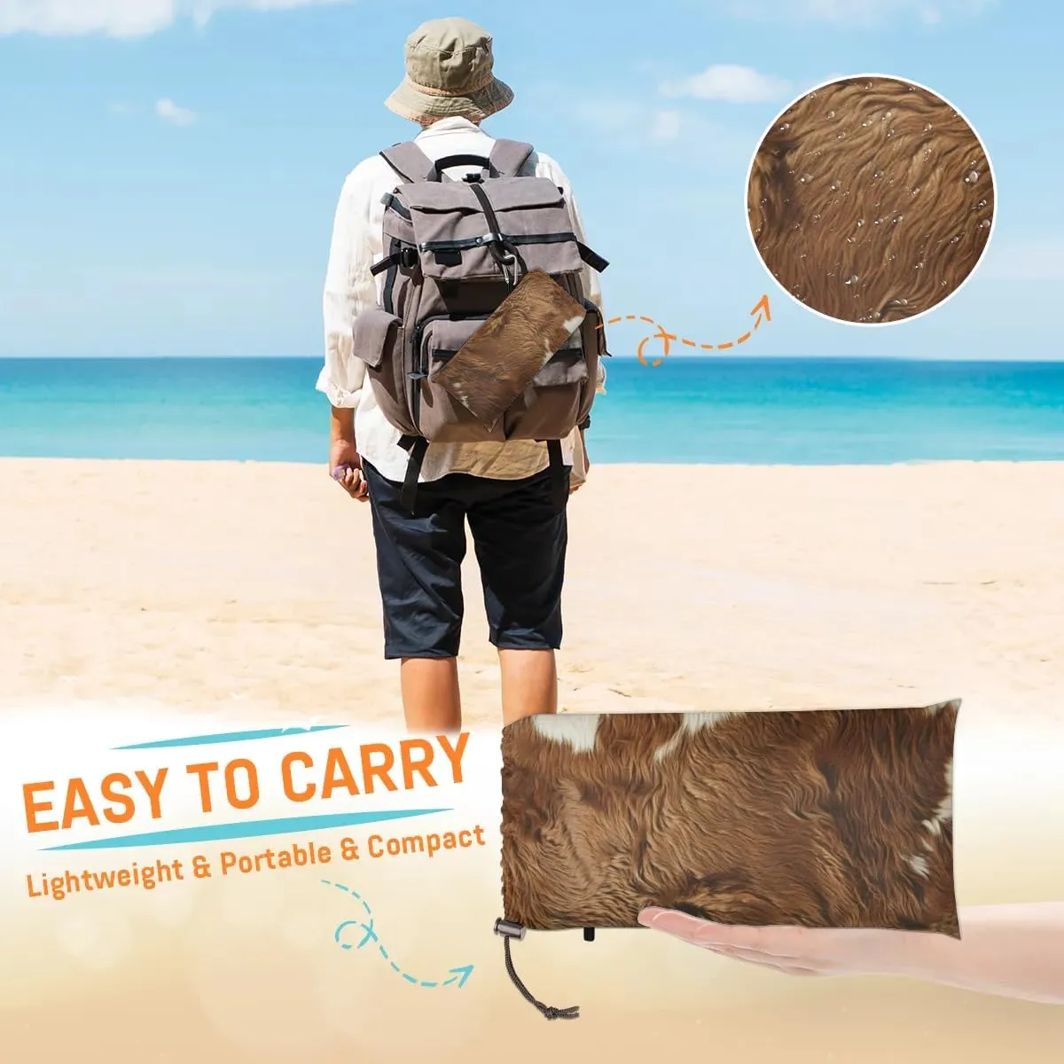 Cow Print Vintage Brown Beach Blanket, Sandproof Beach Mat, Adults Waterproof Quick Drying Sand Free Mat with 4 x Ground Spikes for Outdoor Travel Camping Hiking, Cow