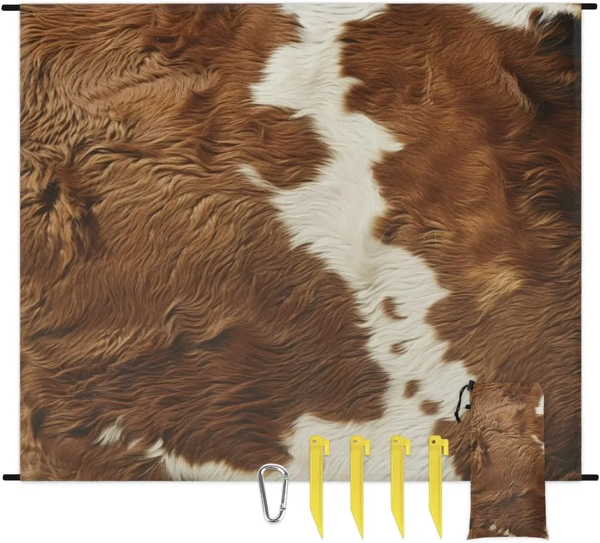Cow Print Vintage Brown Beach Blanket, Sandproof Beach Mat, Adults Waterproof Quick Drying Sand Free Mat with 4 x Ground Spikes for Outdoor Travel Camping Hiking, Cow