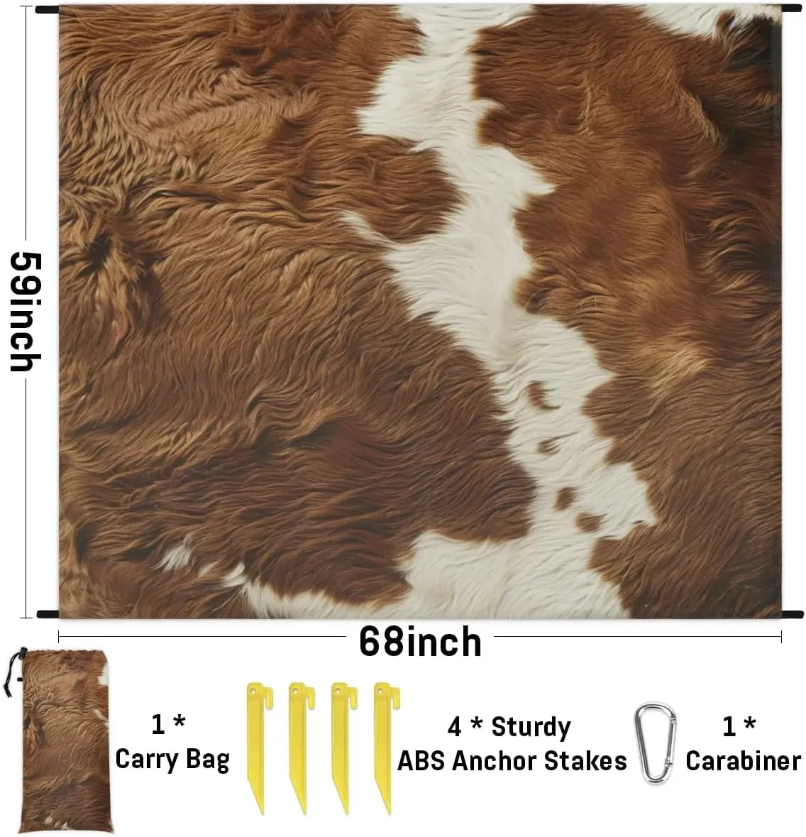 Cow Print Vintage Brown Beach Blanket, Sandproof Beach Mat, Adults Waterproof Quick Drying Sand Free Mat with 4 x Ground Spikes for Outdoor Travel Camping Hiking, Cow