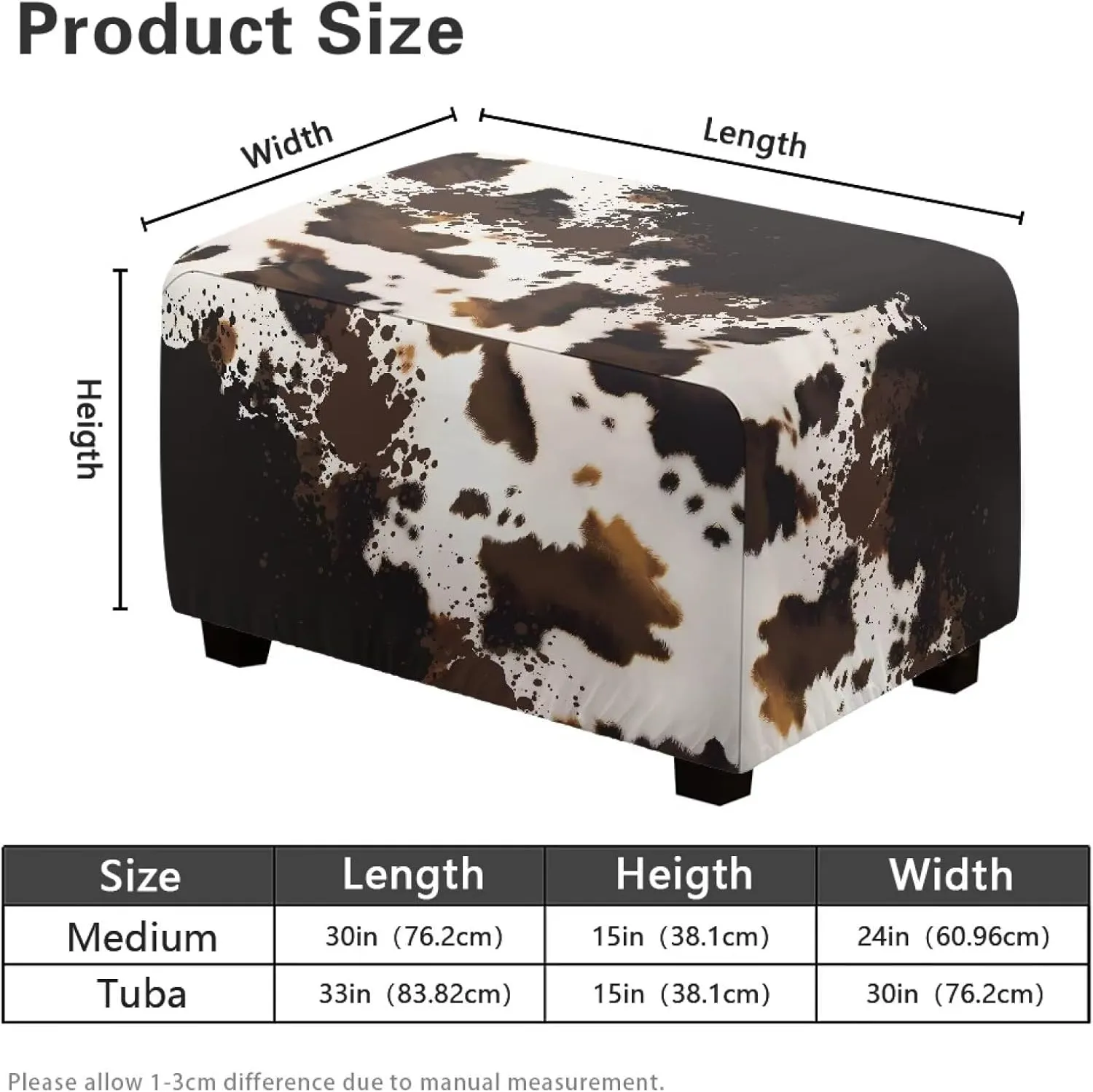 Cowhide Ottoman Slip Cover Rectangle Soft Comfy Cover for Ottoman Removable Sitting Pouf Chair Cover Living Room Stool Rest Cover Furniture Protection
