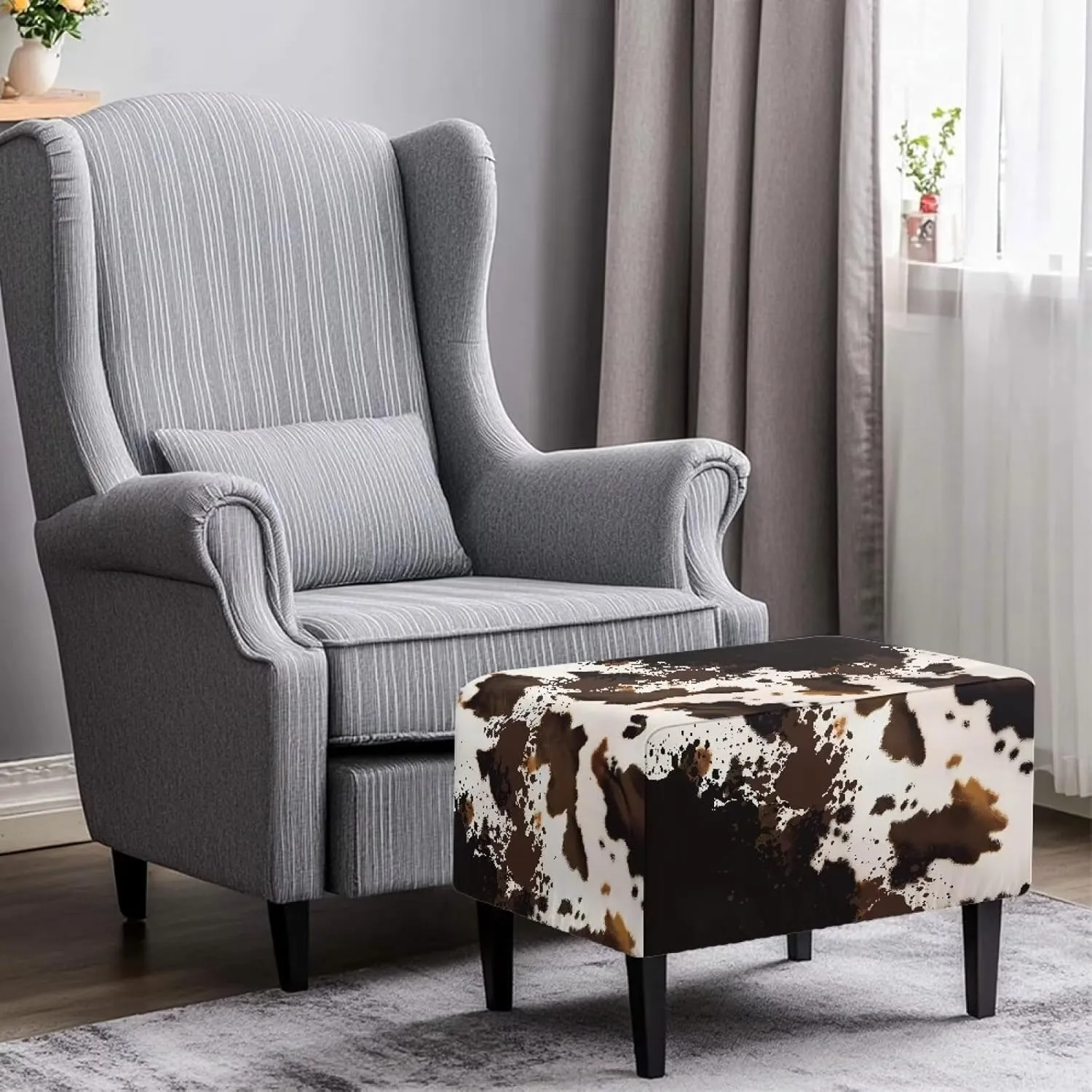 Cowhide Ottoman Slip Cover Rectangle Soft Comfy Cover for Ottoman Removable Sitting Pouf Chair Cover Living Room Stool Rest Cover Furniture Protection