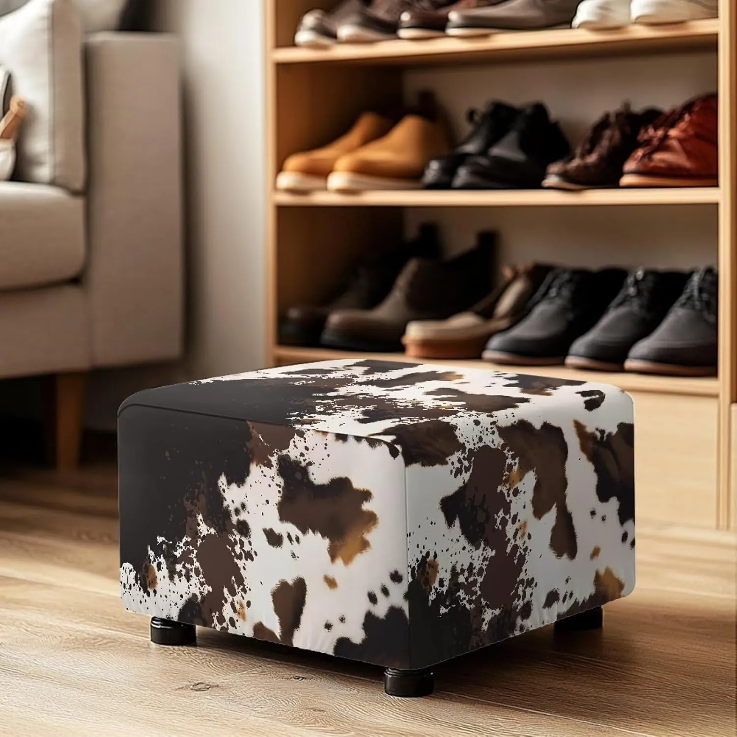 Cowhide Ottoman Slip Cover Rectangle Soft Comfy Cover for Ottoman Removable Sitting Pouf Chair Cover Living Room Stool Rest Cover Furniture Protection