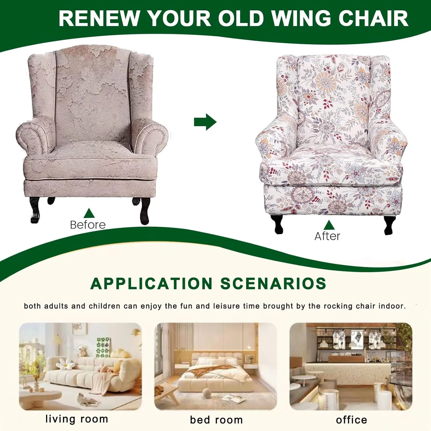 CRFATOP 2 Piece Stretch Wingback Chair Cover Printed Wing Chair Slipcovers Spandex Fabric Wingback Armchair Covers with Elastic Bottom for Living Room Bedroom Wingback Chair,A01