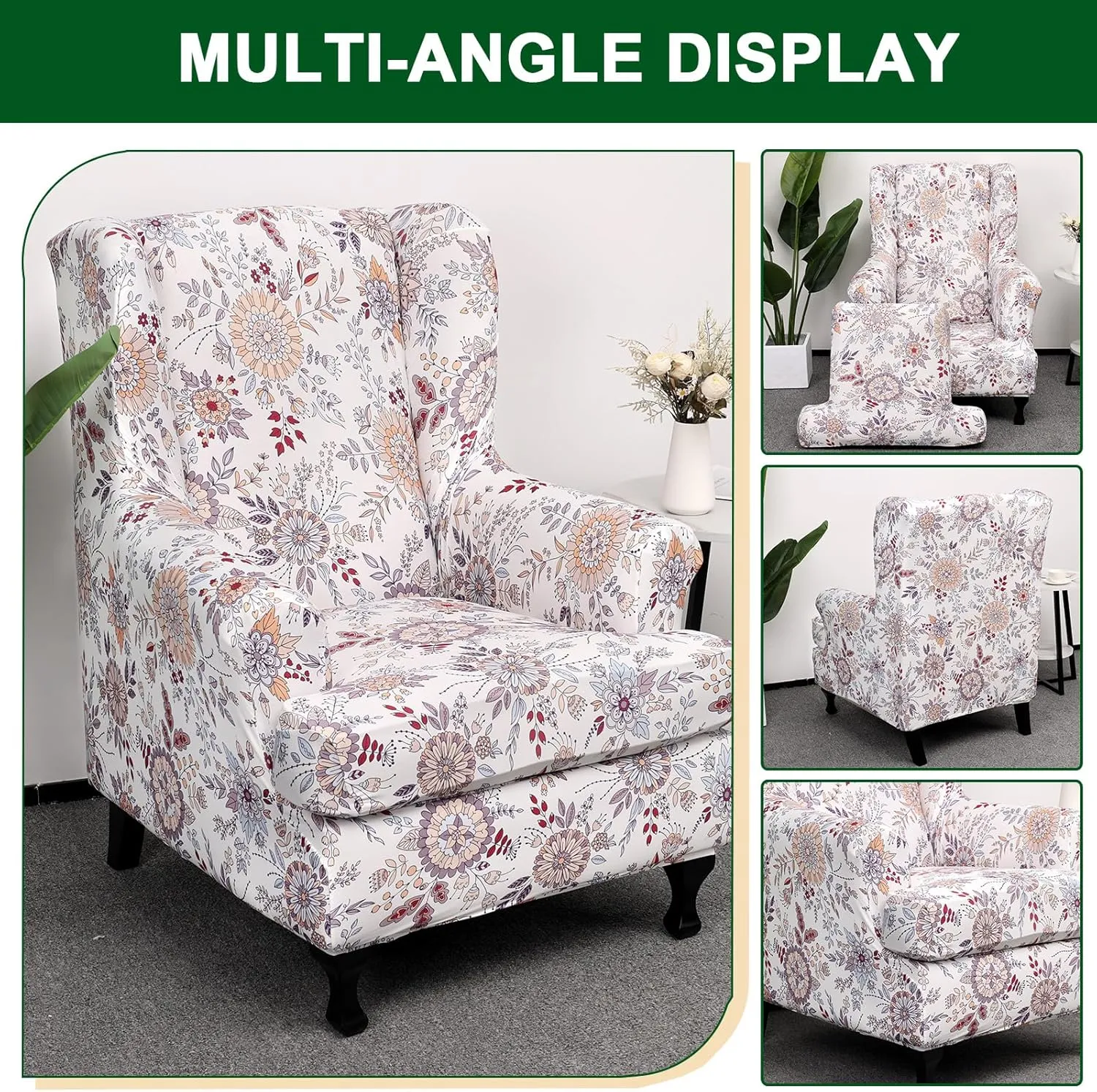 CRFATOP 2 Piece Stretch Wingback Chair Cover Printed Wing Chair Slipcovers Spandex Fabric Wingback Armchair Covers with Elastic Bottom for Living Room Bedroom Wingback Chair,A01